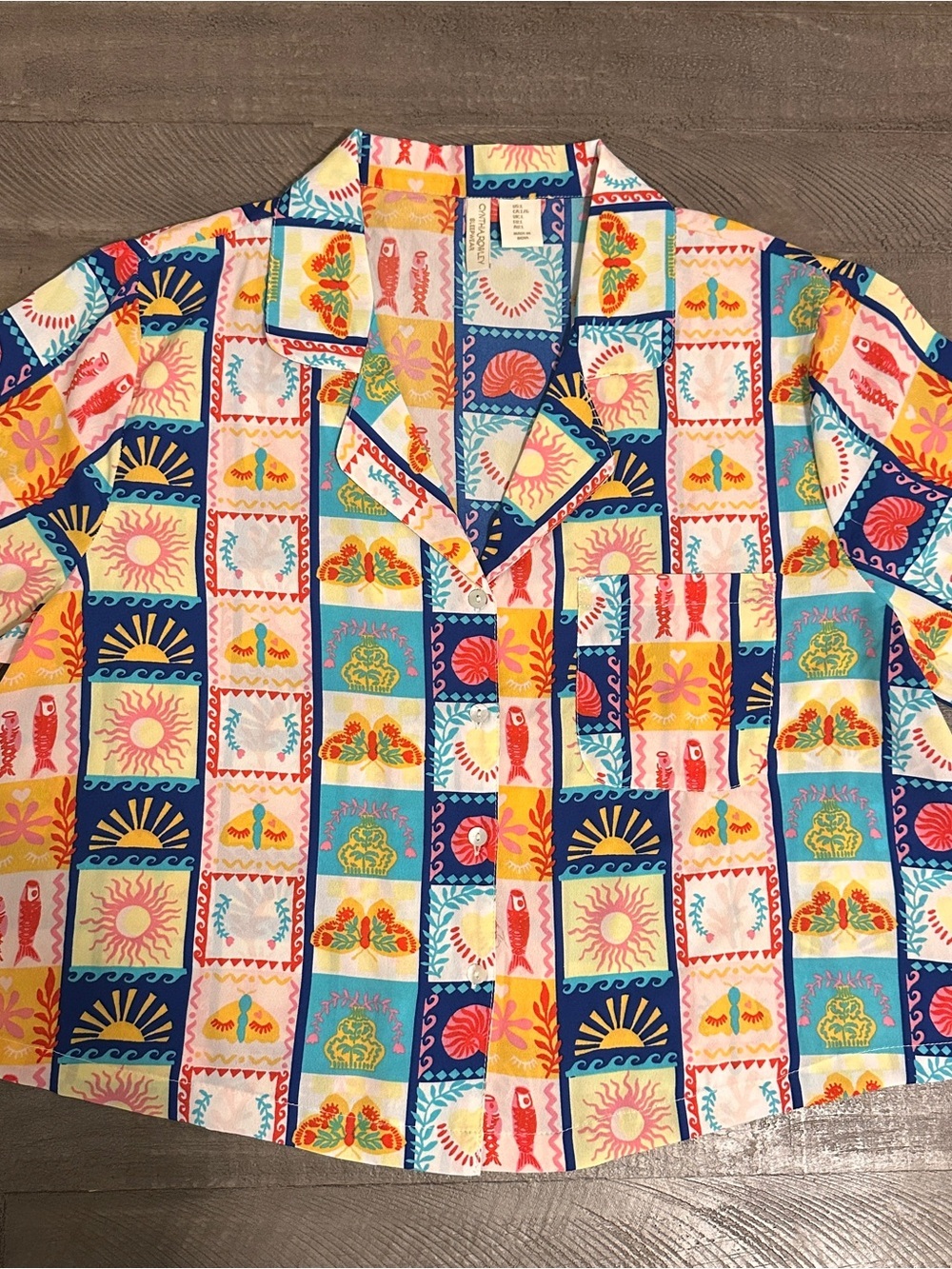 NWOT Cynthia Rowley Women’s Cropped Patchwork Button Up Shirt Colorful Large - Picture 2 of 8